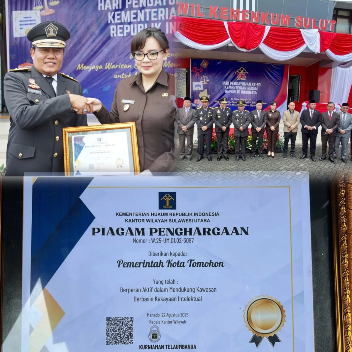 Dukung Program Kawasan Berbasis Kekayaan Intelektual,Diterima Wawali Sendy Rumajar, Kota Tomohon Raih Penghargaan dari Kemenkumham 121 InCollage 20250822 105530461