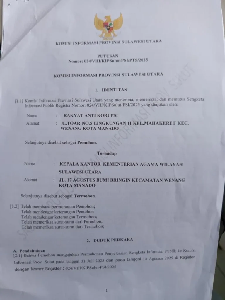Soal Dana Haji, Kakanwil Kemenag Sulut Akhirnya Kalah di Sidang KIP 121 surat putusan KPI terhadap Kemenag Sulut