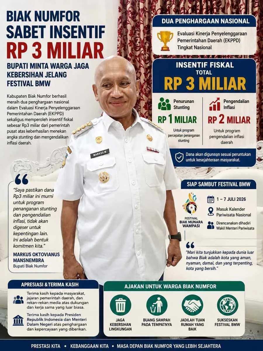 Biak Numfor Raih Insentif Rp3 Miliar dari Pemerintah Pusat